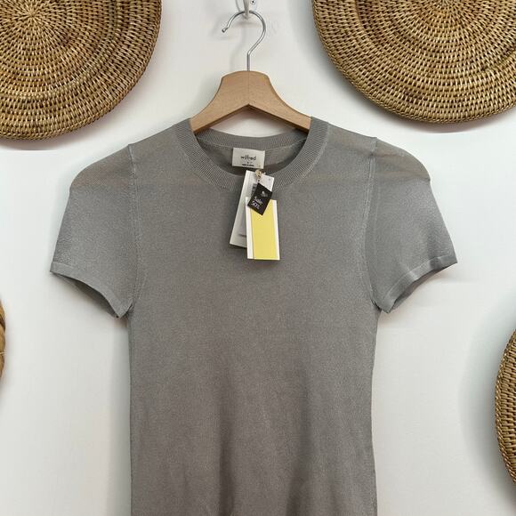 NEW Aritzia Wilfred Gray Silver Shimmer Sheer Knit Short Sleeve Tee TShirt Small - Picture 3 of 7